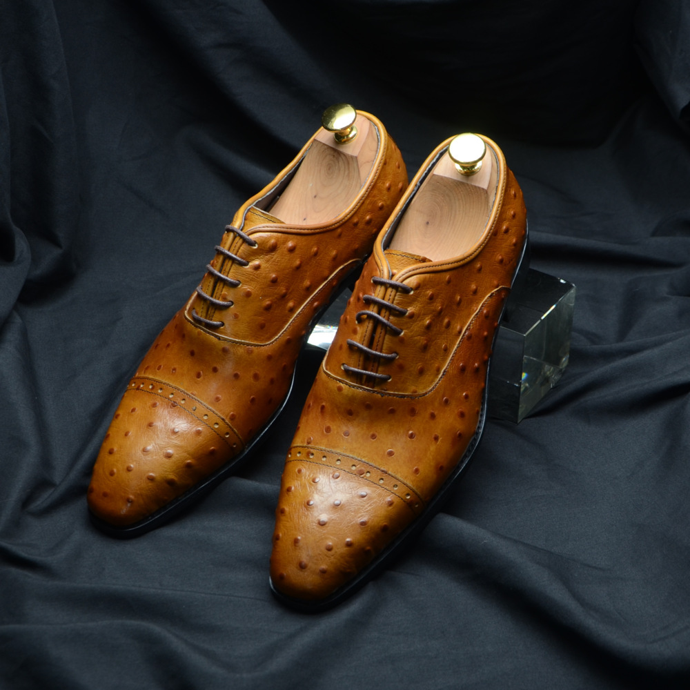2024 new fashion ostrich leather men's genuine leather formal handmade first layer cowhide business leather shoes cross-border exclusive