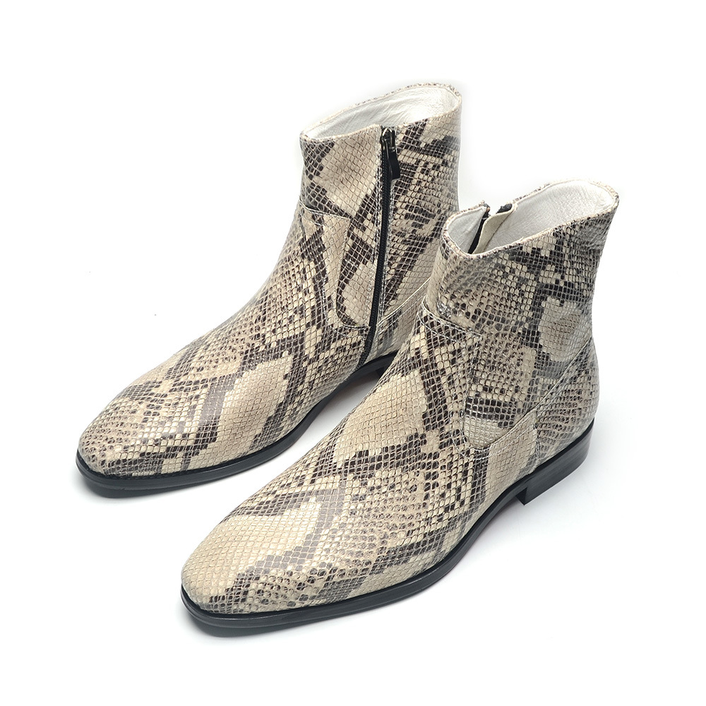 Men's 2025 new genuine leather snake pattern ankle boots, square toe, comfortable and soft, social and casual leather boots.