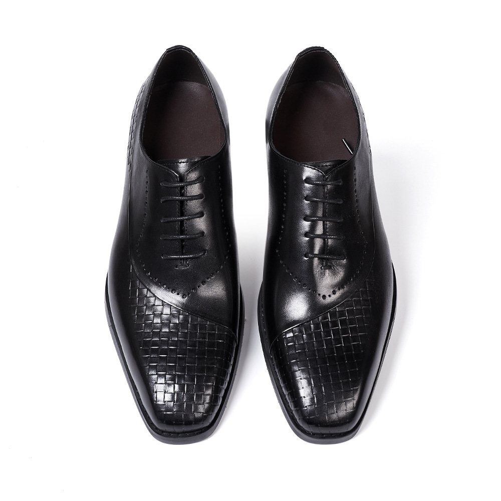 European brand leather shoes men's new British lace-up woven pattern splicing Oxford shoes genuine leather business formal men's shoes