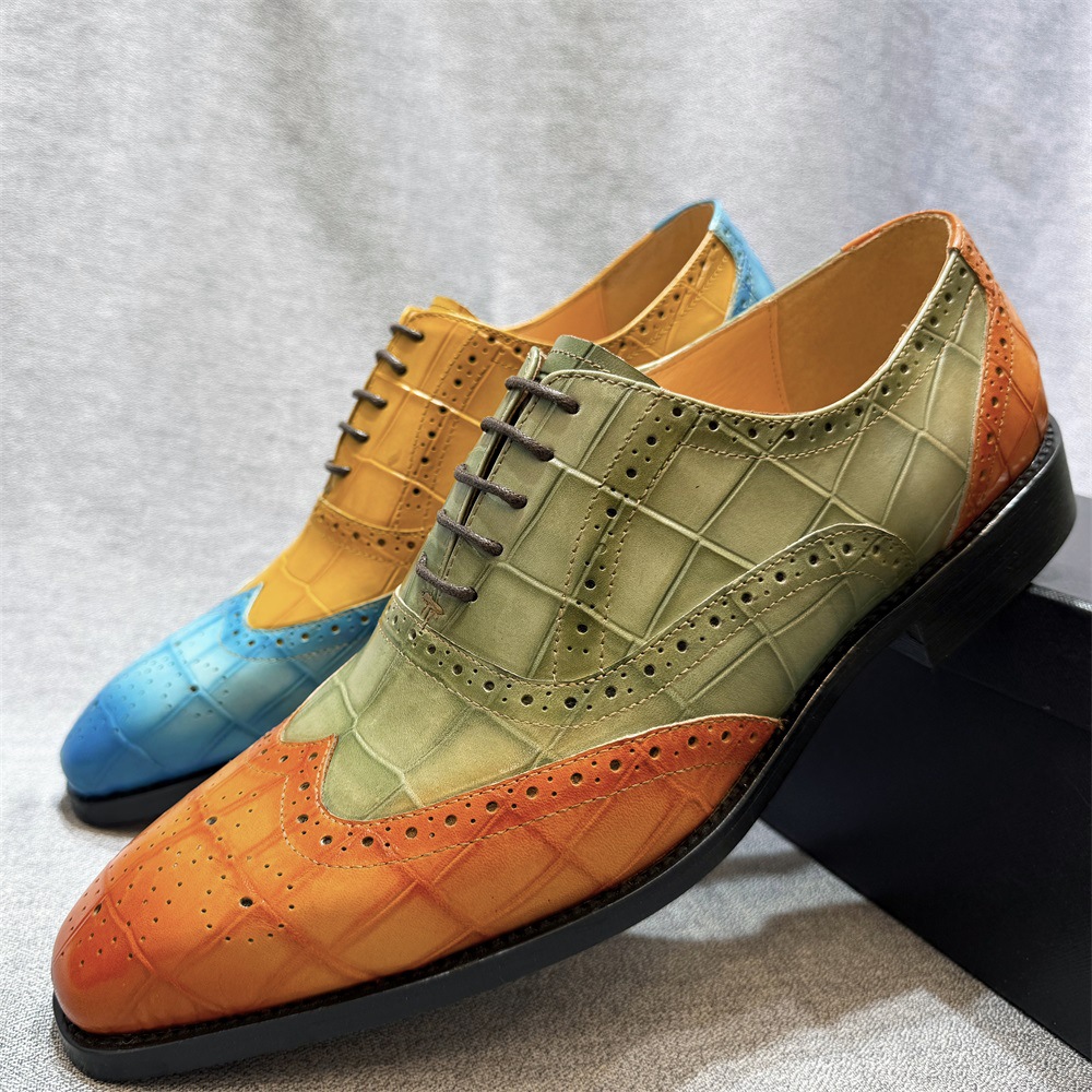 European fashion wedding shoes men's formal shoes first layer cowhide color matching lace-up Oxford shoes business office men's shoes