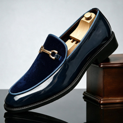Men’s Velvet & Patent Leather Loafers | Gold Horsebit Ornament Slip‑On Luxury Dress Shoes