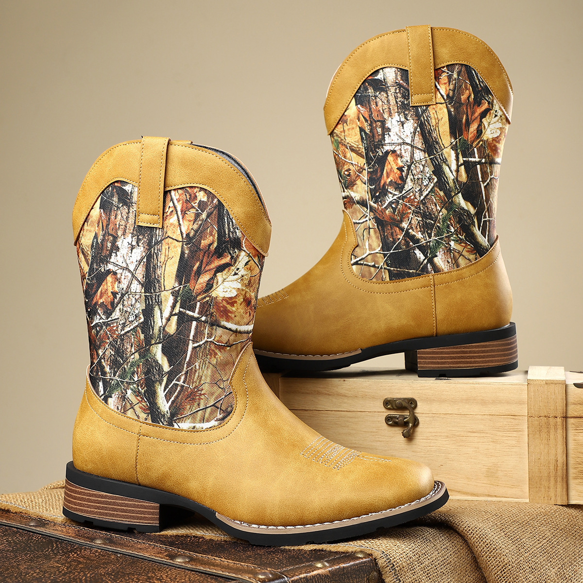 New western style cowboy boots embroidery craft retro high-top men's knight boots trendy all-match casual work boots