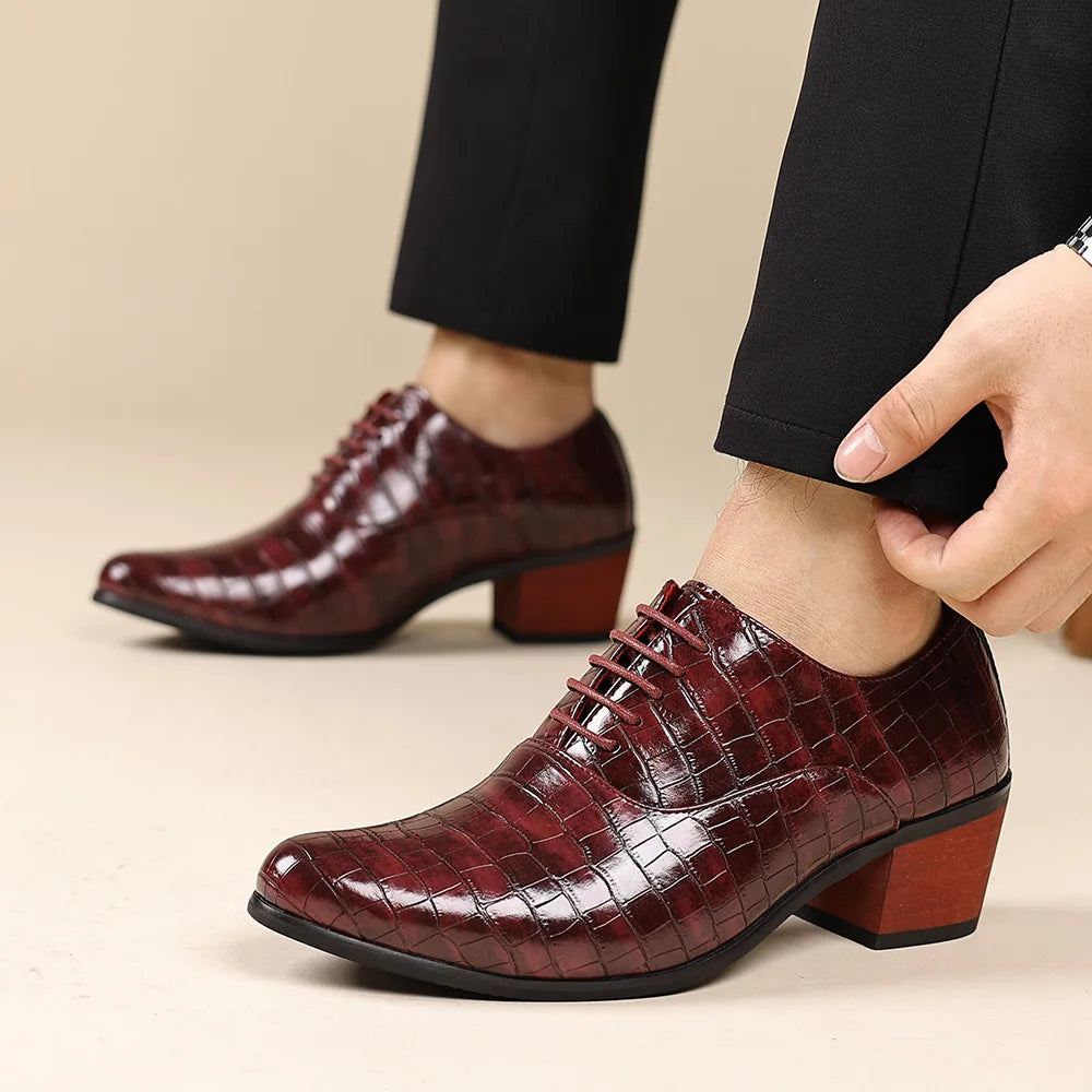 Men’s Crocodile-Embossed Lace-Up Dress Shoes with 5CM Elevated Heel – Black, Brown & Red