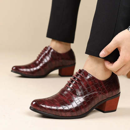 Men’s Crocodile-Embossed Lace-Up Dress Shoes with 5CM Elevated Heel – Black, Brown & Red