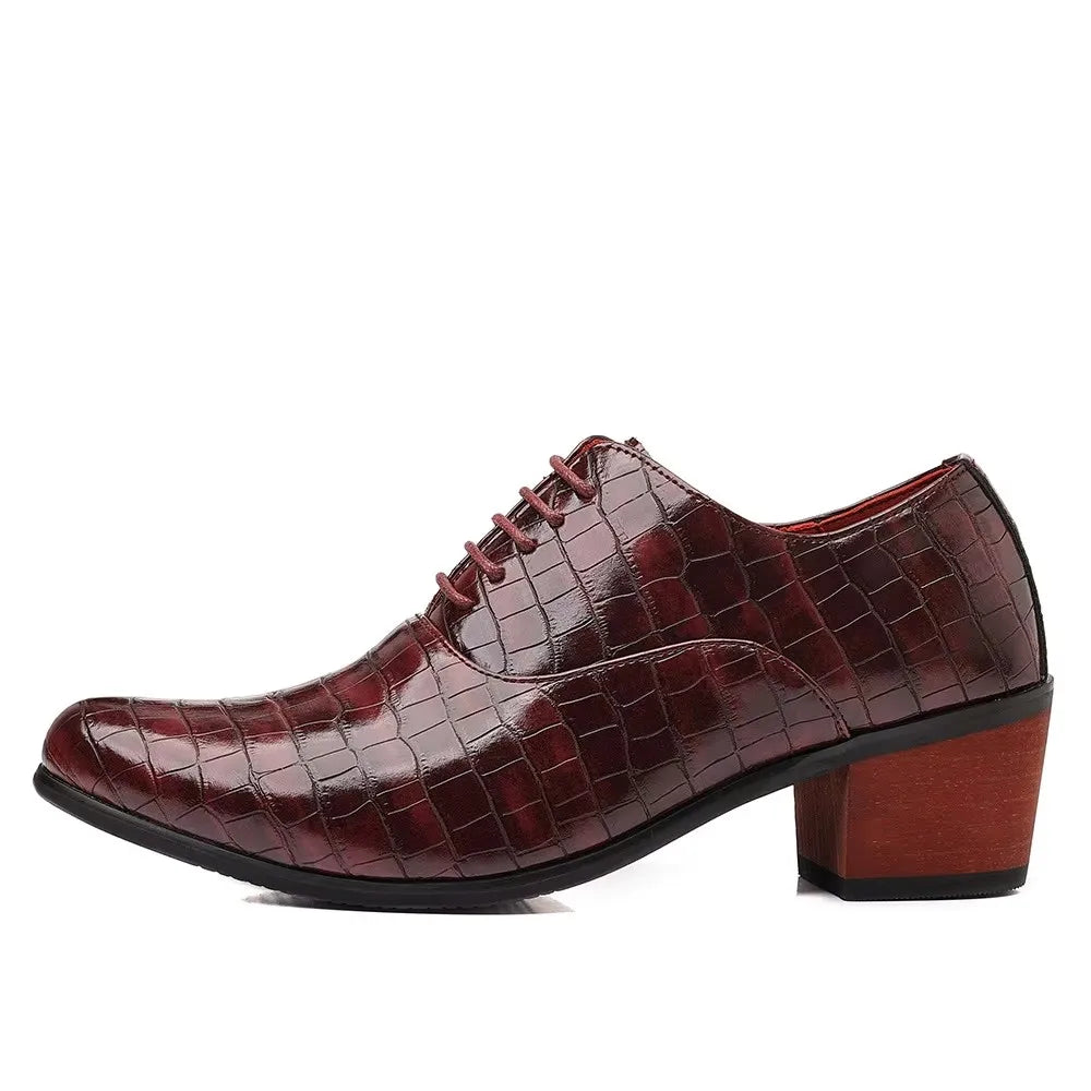 Men’s Crocodile-Embossed Lace-Up Dress Shoes with 5CM Elevated Heel – Black, Brown & Red