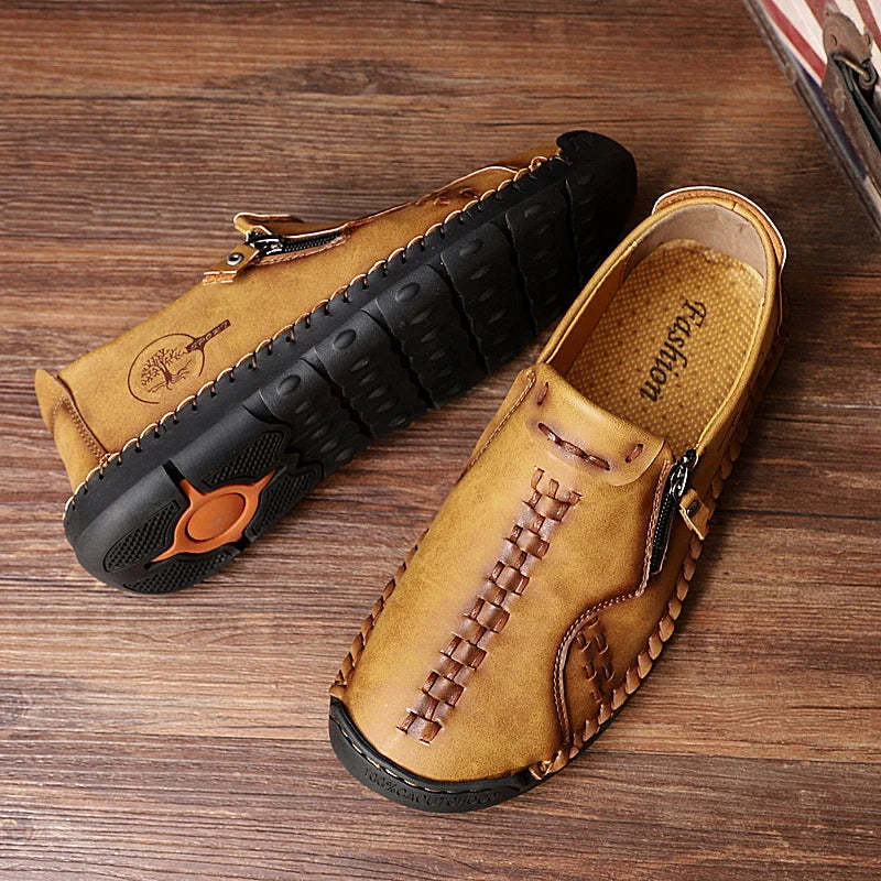 Men’s Casual Leather Slip-On Shoes with Side Zipper