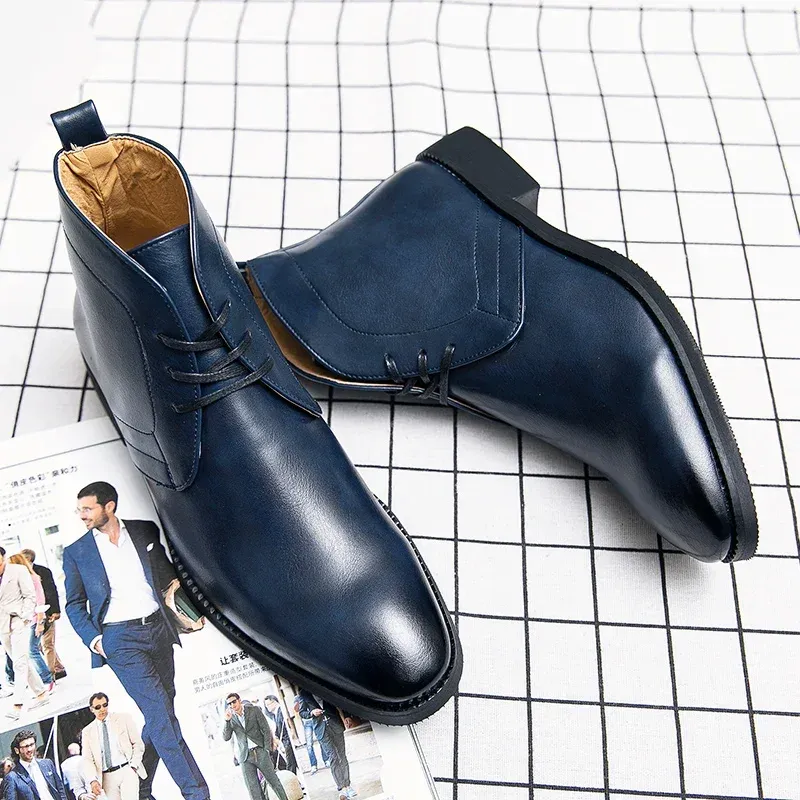 Business Men's Short Boots Blue Lace-Up Square Toe Ankle Boots Brown Black Handmade Men's Boots Vintage