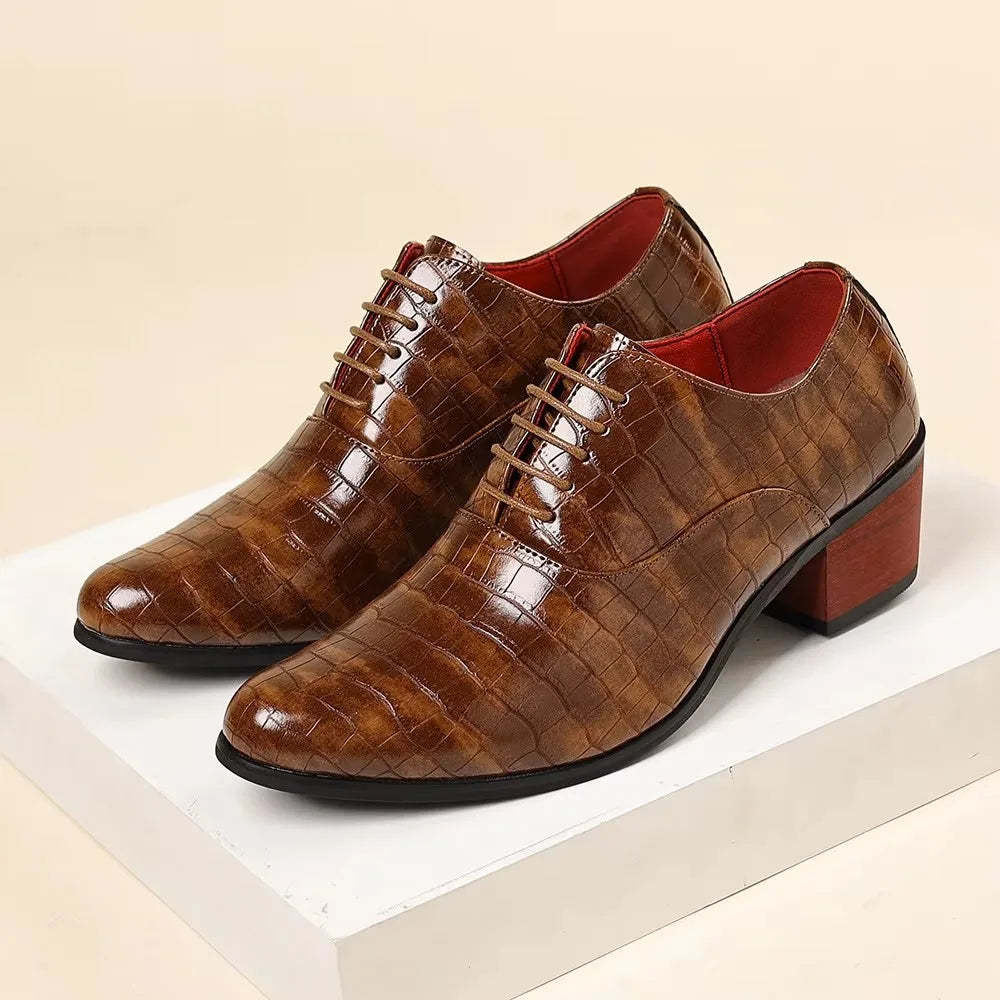 Men’s Crocodile-Embossed Lace-Up Dress Shoes with 5CM Elevated Heel – Black, Brown & Red