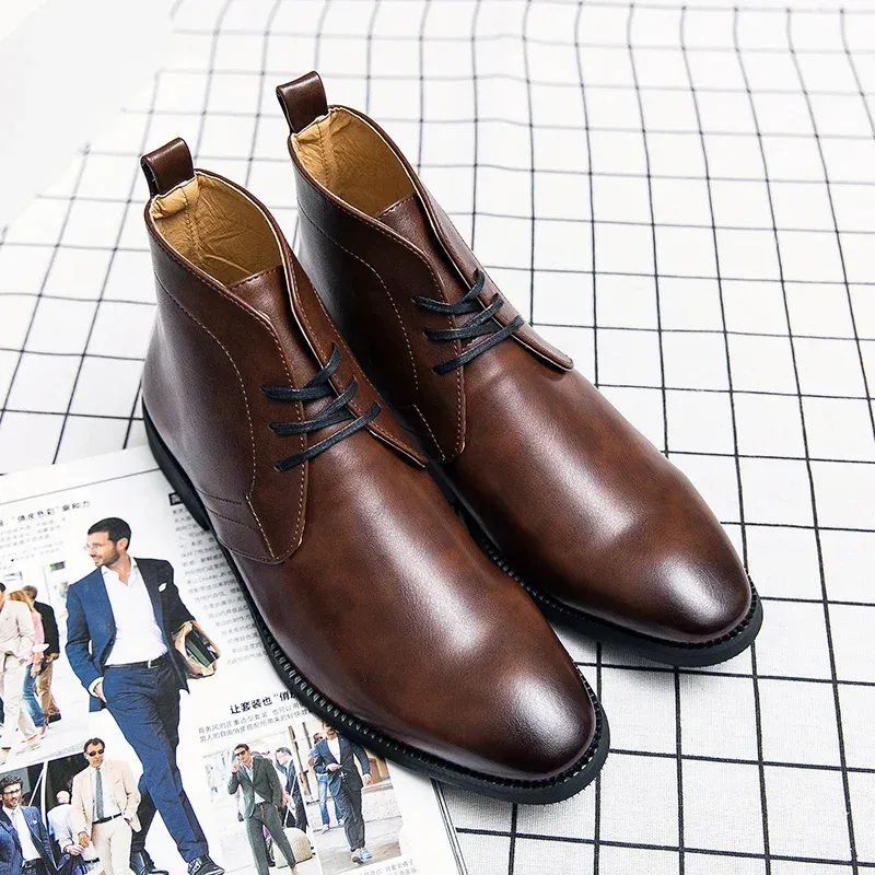 Business Men's Short Boots Blue Lace-Up Square Toe Ankle Boots Brown B