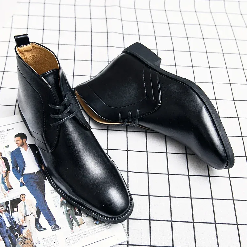 Business Men's Short Boots Blue Lace-Up Square Toe Ankle Boots Brown Black Handmade Men's Boots Vintage