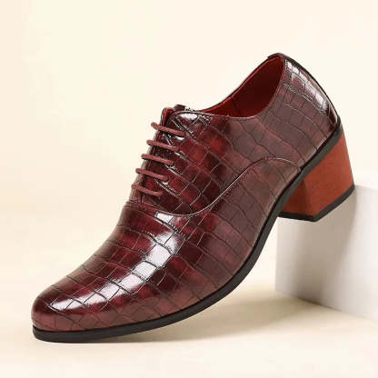 Men’s Crocodile-Embossed Lace-Up Dress Shoes with 5CM Elevated Heel – Black, Brown & Red