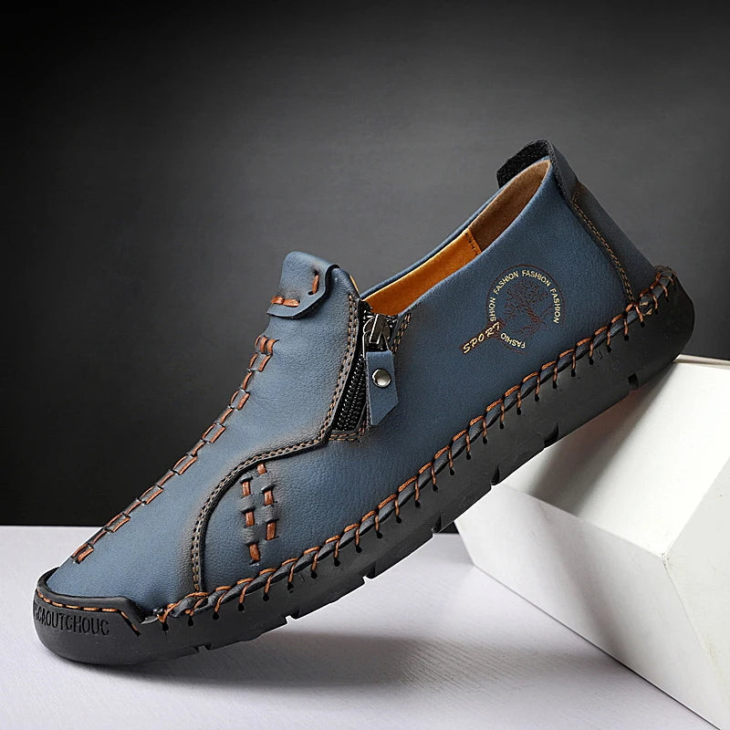 Men’s Casual Leather Slip-On Shoes with Side Zipper