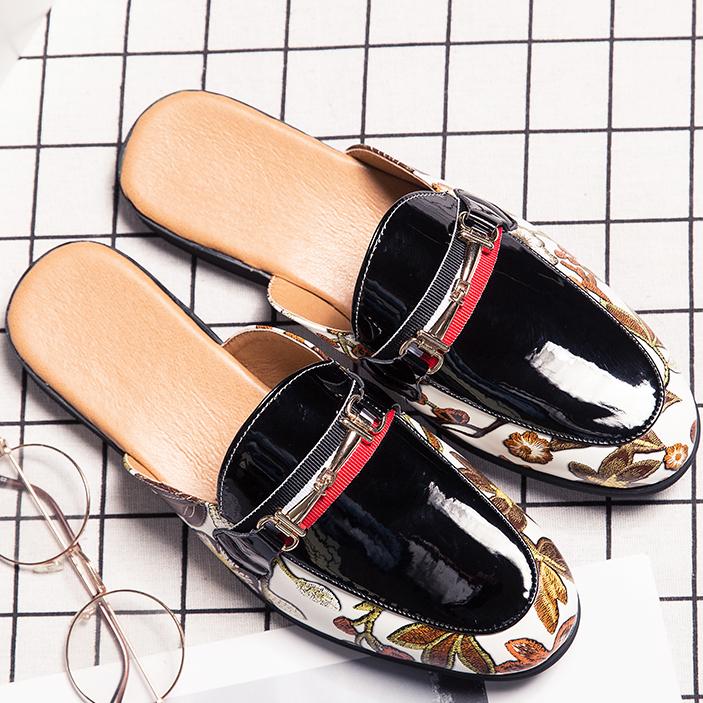 Men's Hawaiian Style Metal Buckle Printed Leather Half Loafers