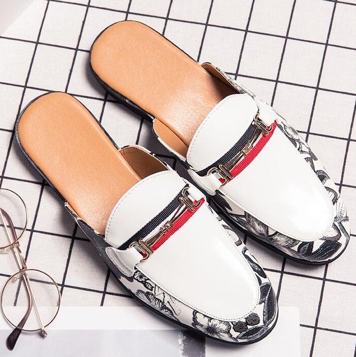 Men's Hawaiian Style Metal Buckle Printed Leather Half Loafers