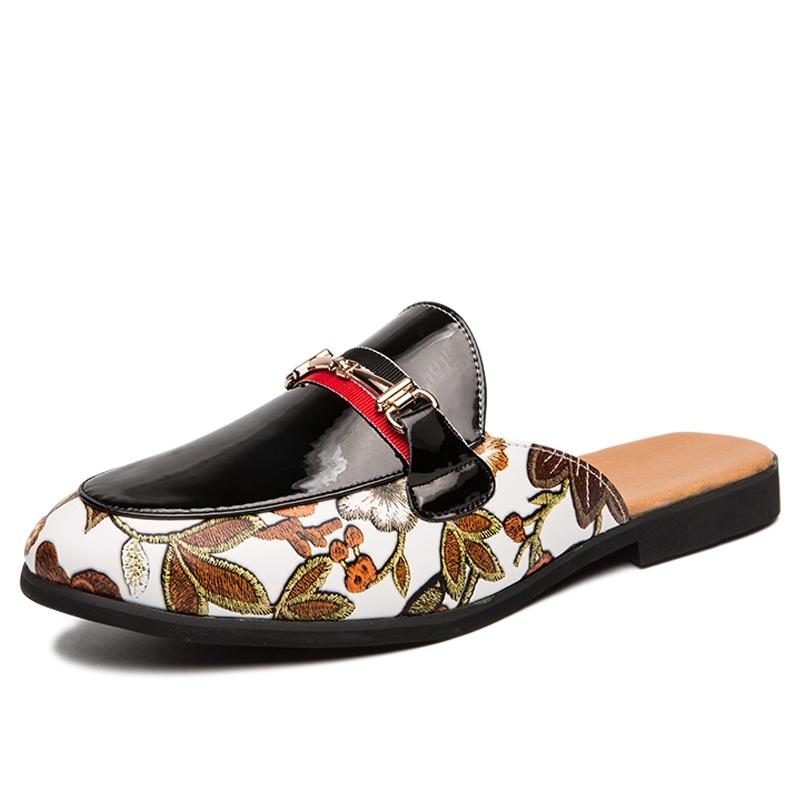 Men's Hawaiian Style Metal Buckle Printed Leather Half Loafers
