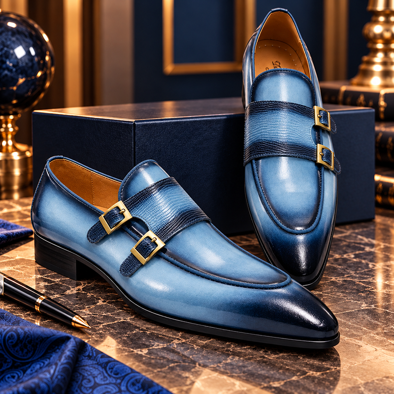 Men’s Genuine Leather Double-Buckle Monk Strap Dress Shoes