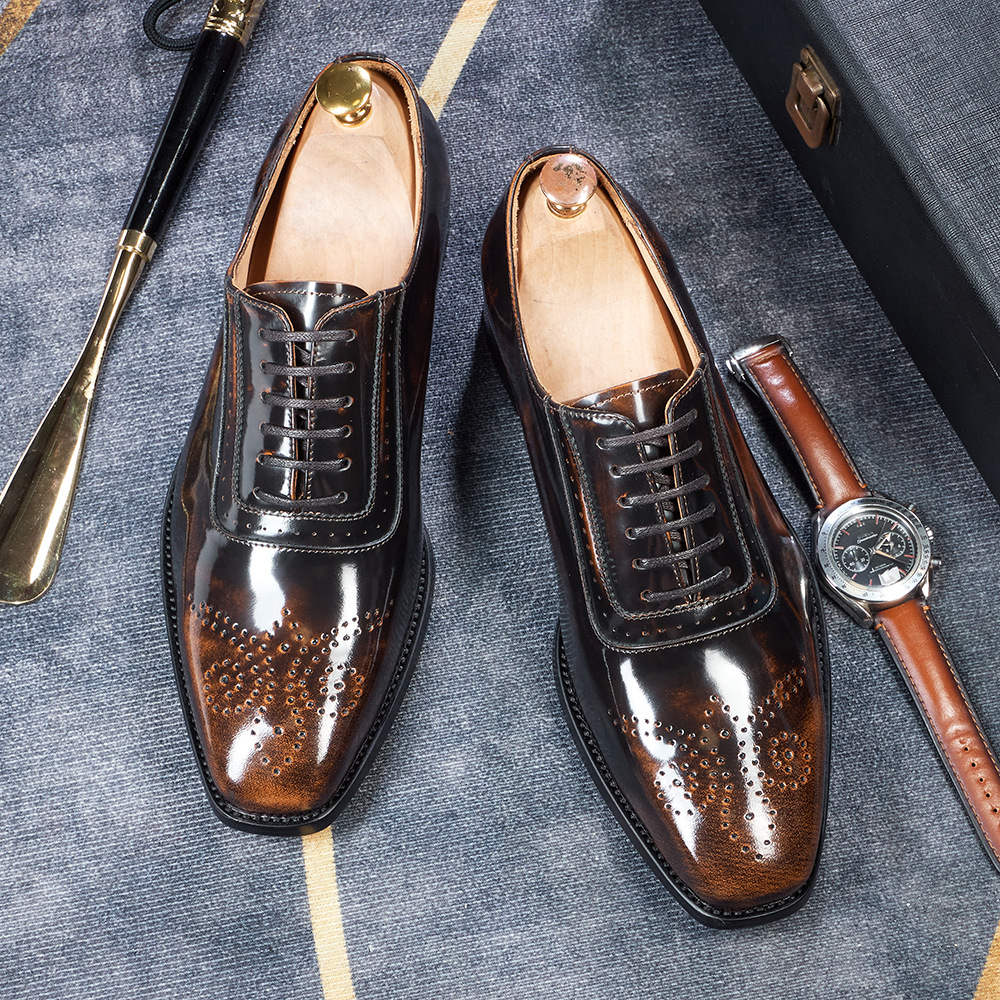 [Copy]Men's glossy embossed genuine leather lace-up Oxford shoes