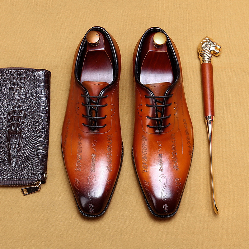 Men's Full-Grain Leather Formal Pointed-Toe Letter-Printed Oxford Shoes