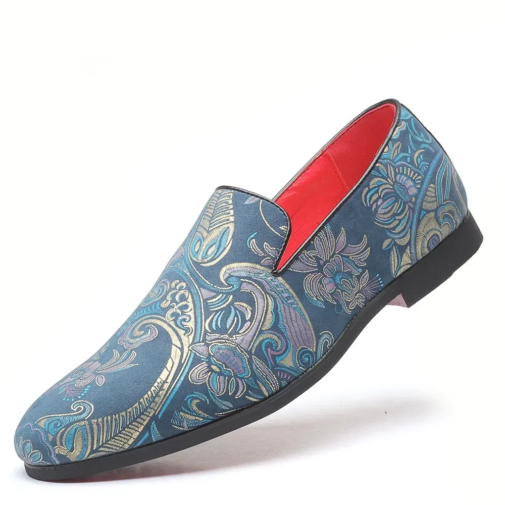Red Sole Loafers for Men Slip-On Canvas Round Toe Handmade Fashion Bus