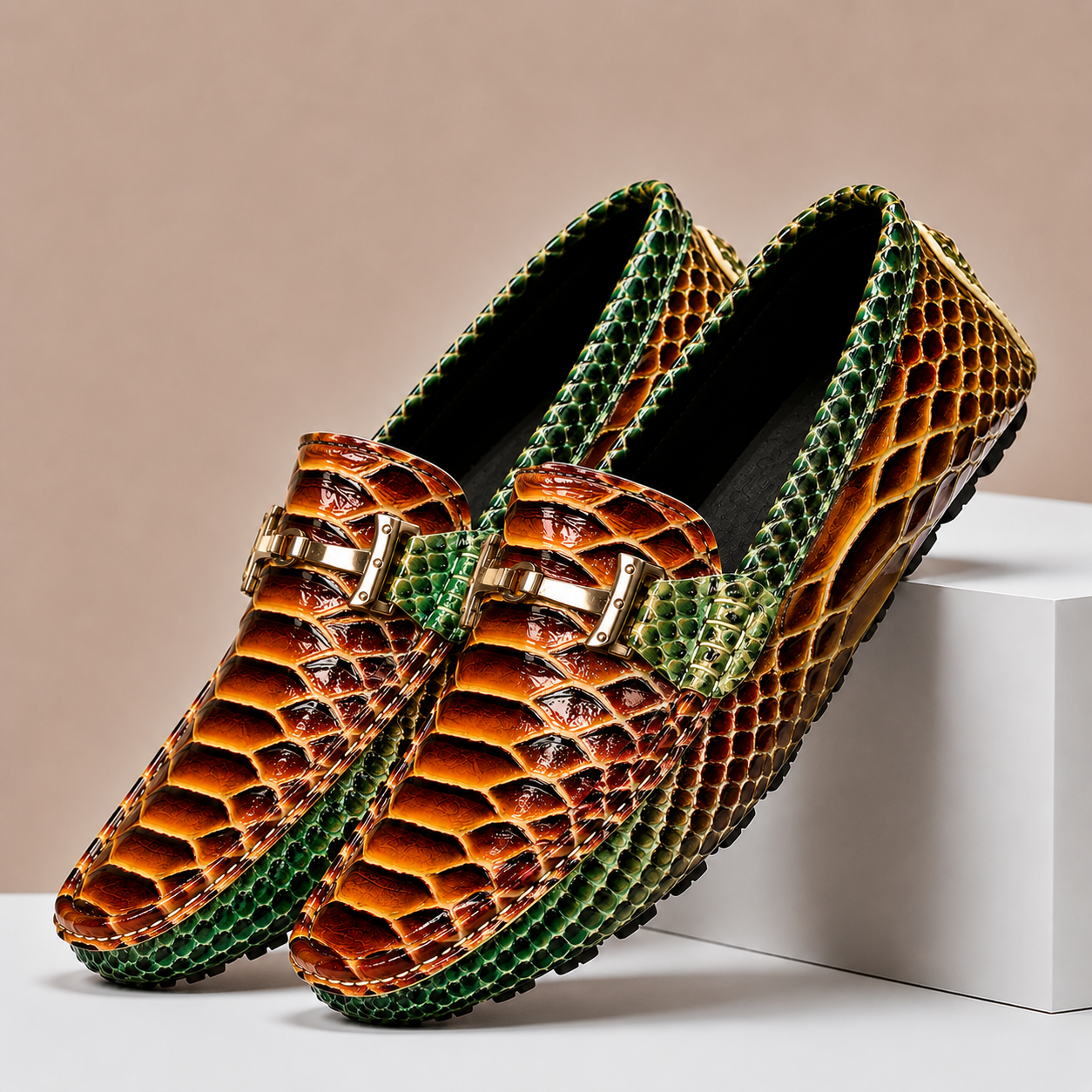 Gradient Snake Print Men Slip-on Driving Loafers with Metal Buckle