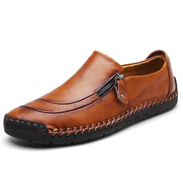 Men Comfy Hand Stitching Leather Side Zipper Slip On Casual shoes