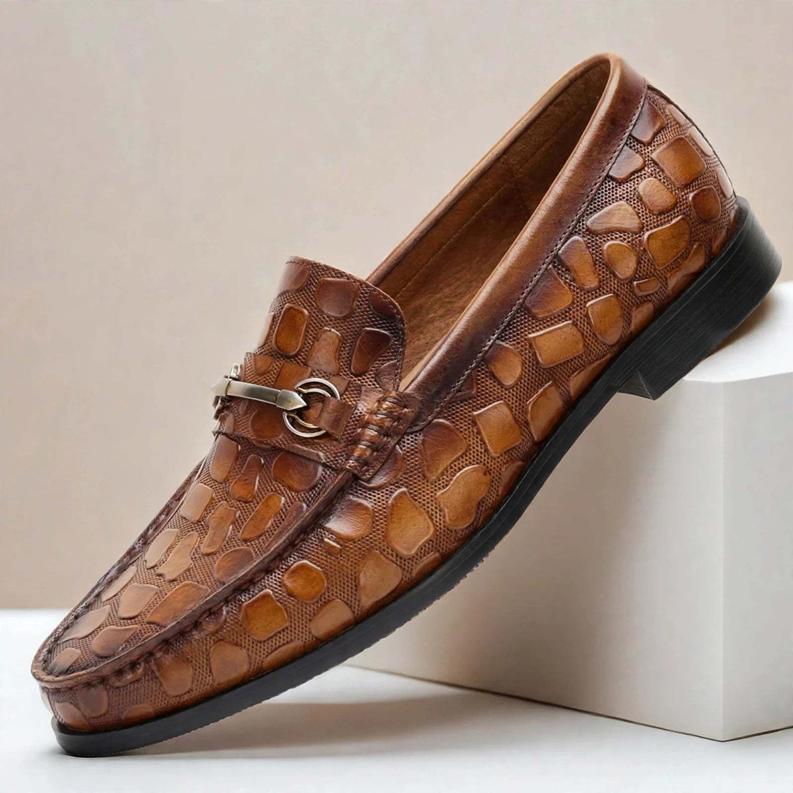 Men’s Crocodile Embossed Loafers with Gold Buckle – Multi-Color Dress Shoes