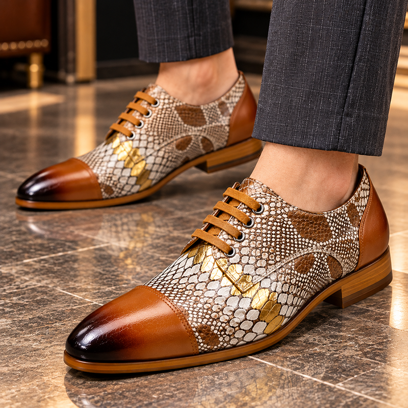 GUYSTEP™Men's Cowhide Snake Print Patchwork Oxford Shoes