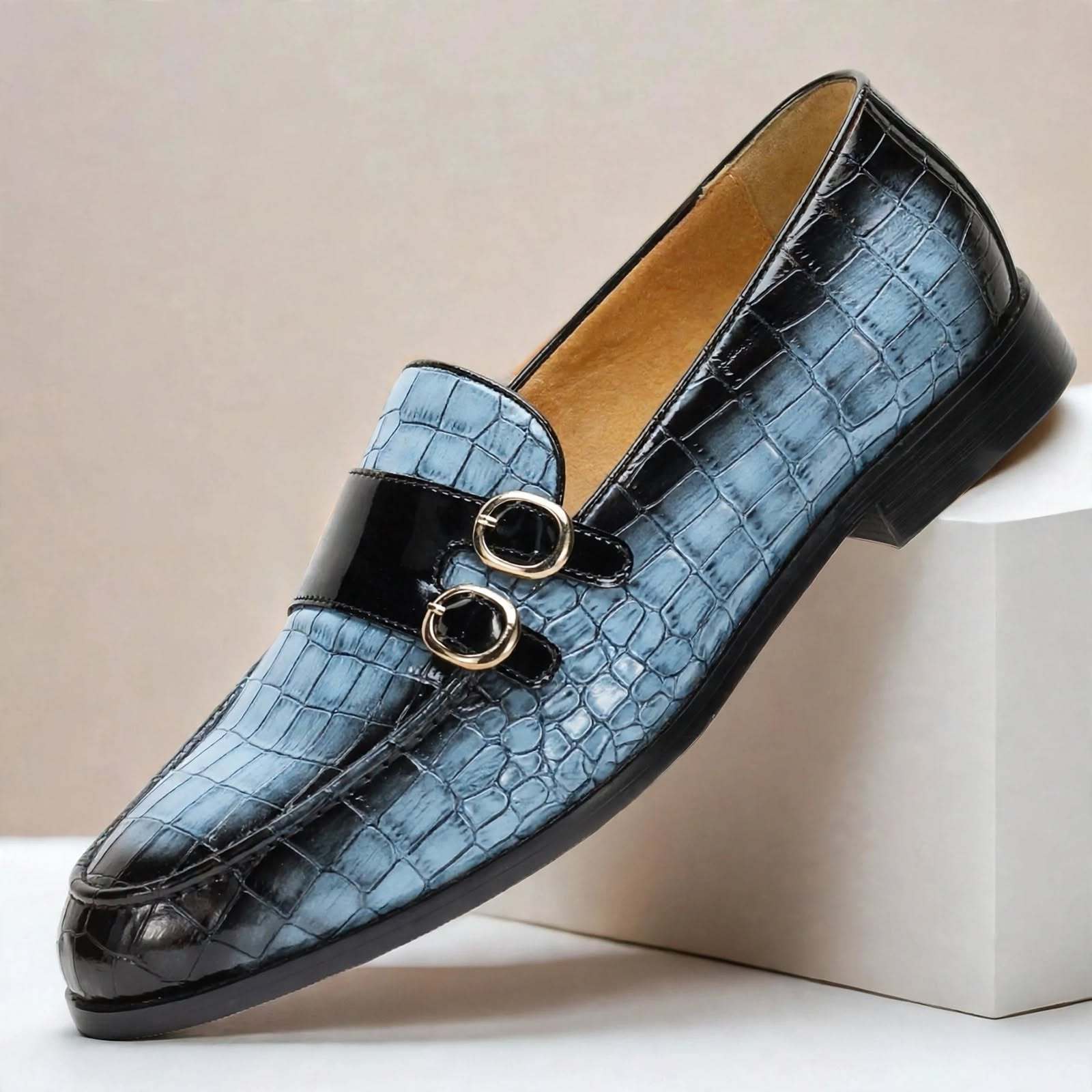 Men’s Double Buckle Embossed Loafers – Elegant Slip-On Dress Shoes, Multiple Colors