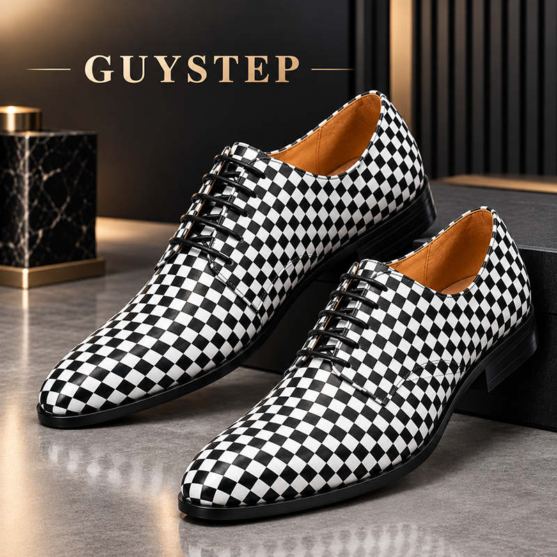Men’s Business-Casual Black-and-White Checkered Genuine Leather Casual Shoes