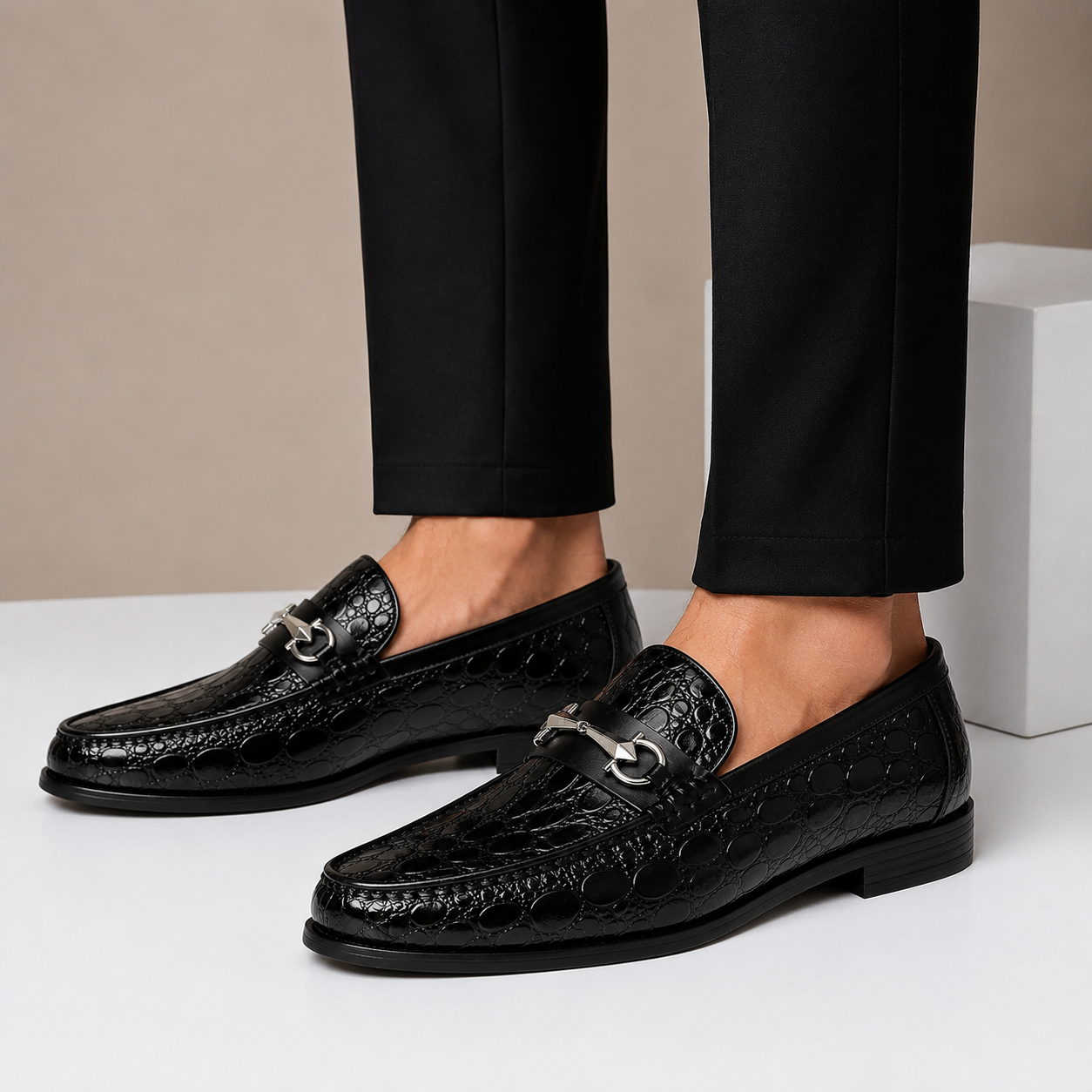 Men’s Genuine Leather Crocodile-Embossed Horsebit Loafers – Multiple Colors