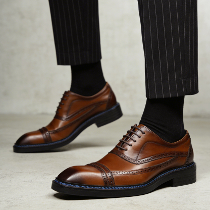 2026 British Style Cap-Toe Brogue Leather Dress Shoes with Blue Stitching