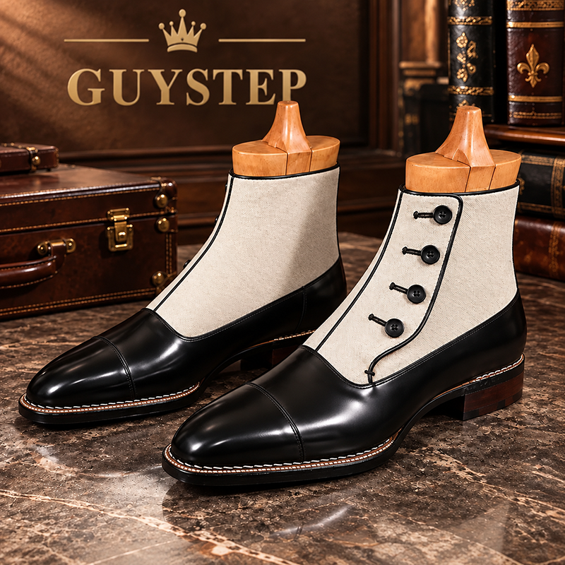 Gentleman-Shoe Vintage Two-Tone Leather & Canvas Button Ankle Boots