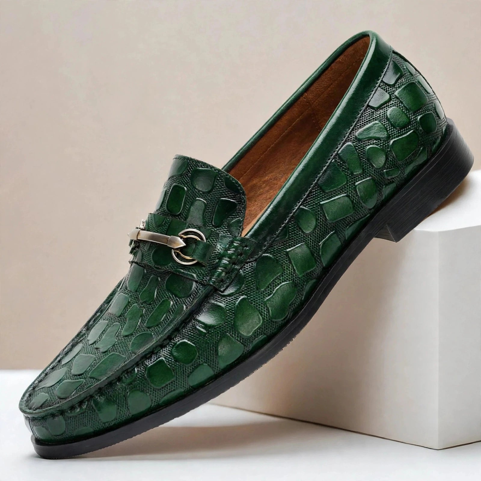 Men’s Crocodile Embossed Loafers with Gold Buckle – Multi-Color Dress Shoes