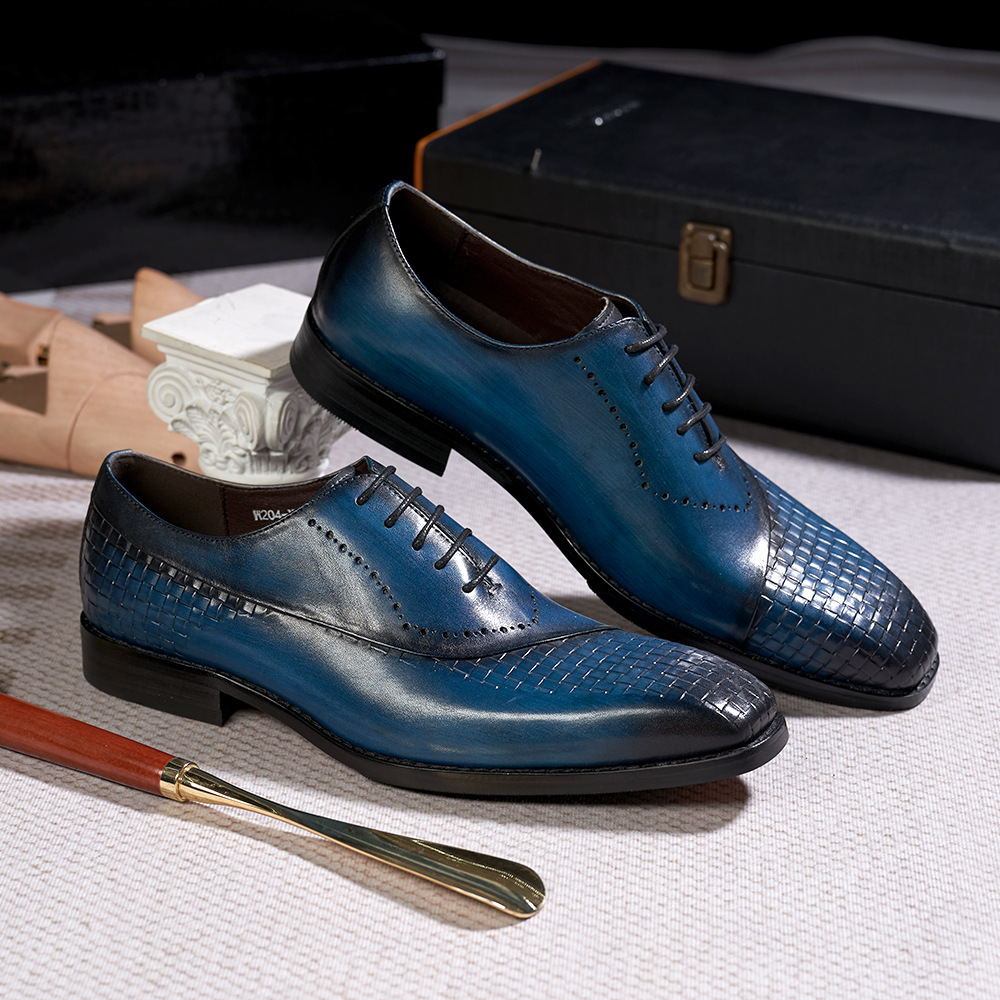 European brand leather shoes men's new British lace-up woven pattern splicing Oxford shoes genuine leather business formal men's shoes