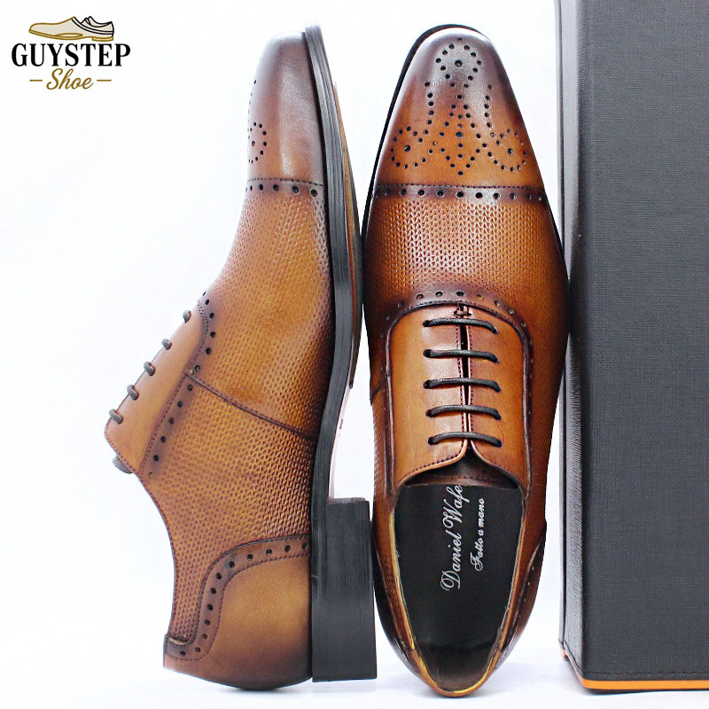 Men's Genuine Leather Brogue Oxford Shoes - Classic Perforated Dress Shoes