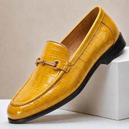 Men’s Luxury Crocodile Embossed Loafers – Gold Buckle Slip-On Dress Shoes