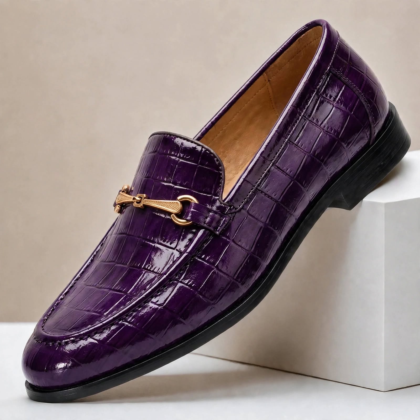 Men’s Luxury Crocodile Embossed Loafers – Gold Buckle Slip-On Dress Shoes