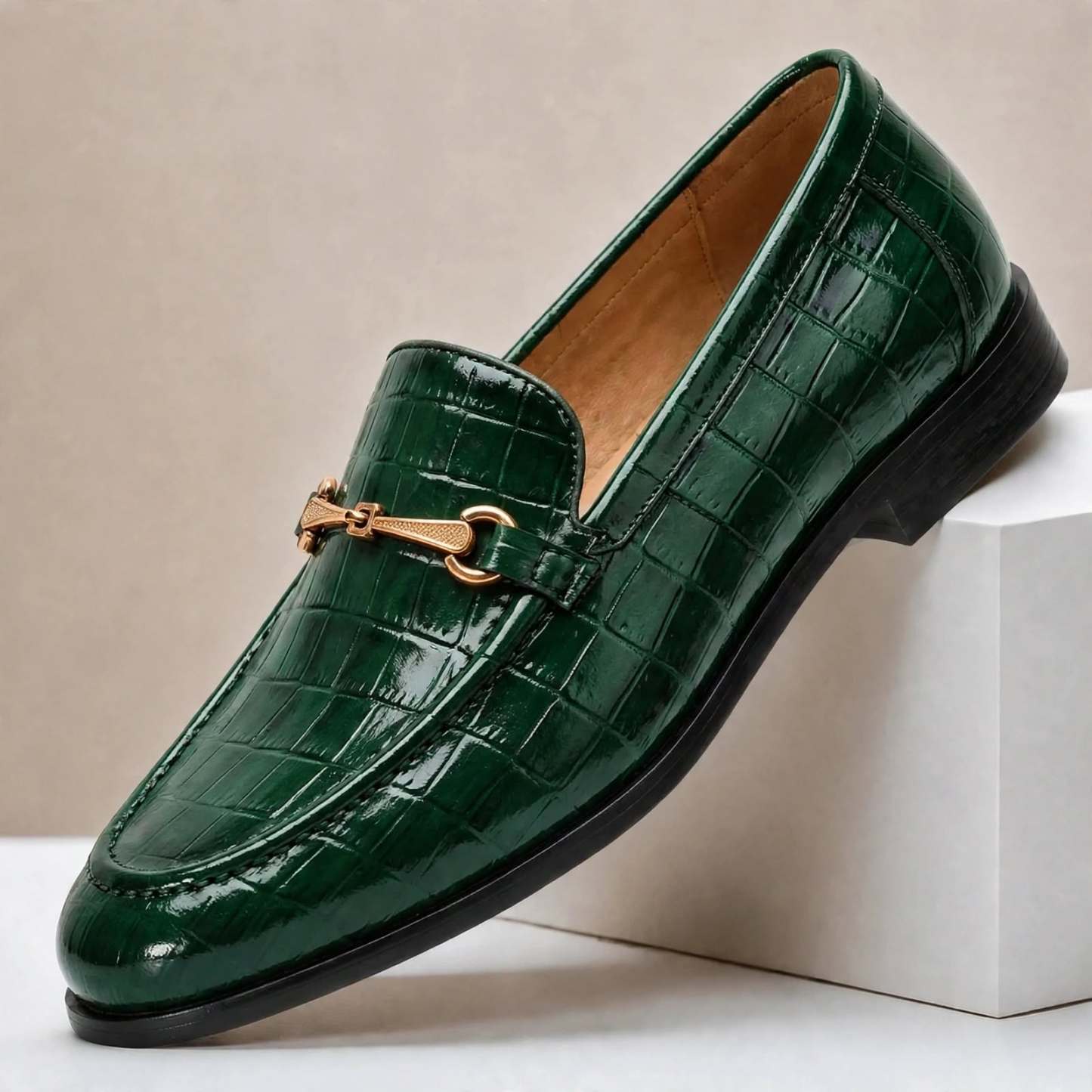 Men’s Luxury Crocodile Embossed Loafers – Gold Buckle Slip-On Dress Shoes
