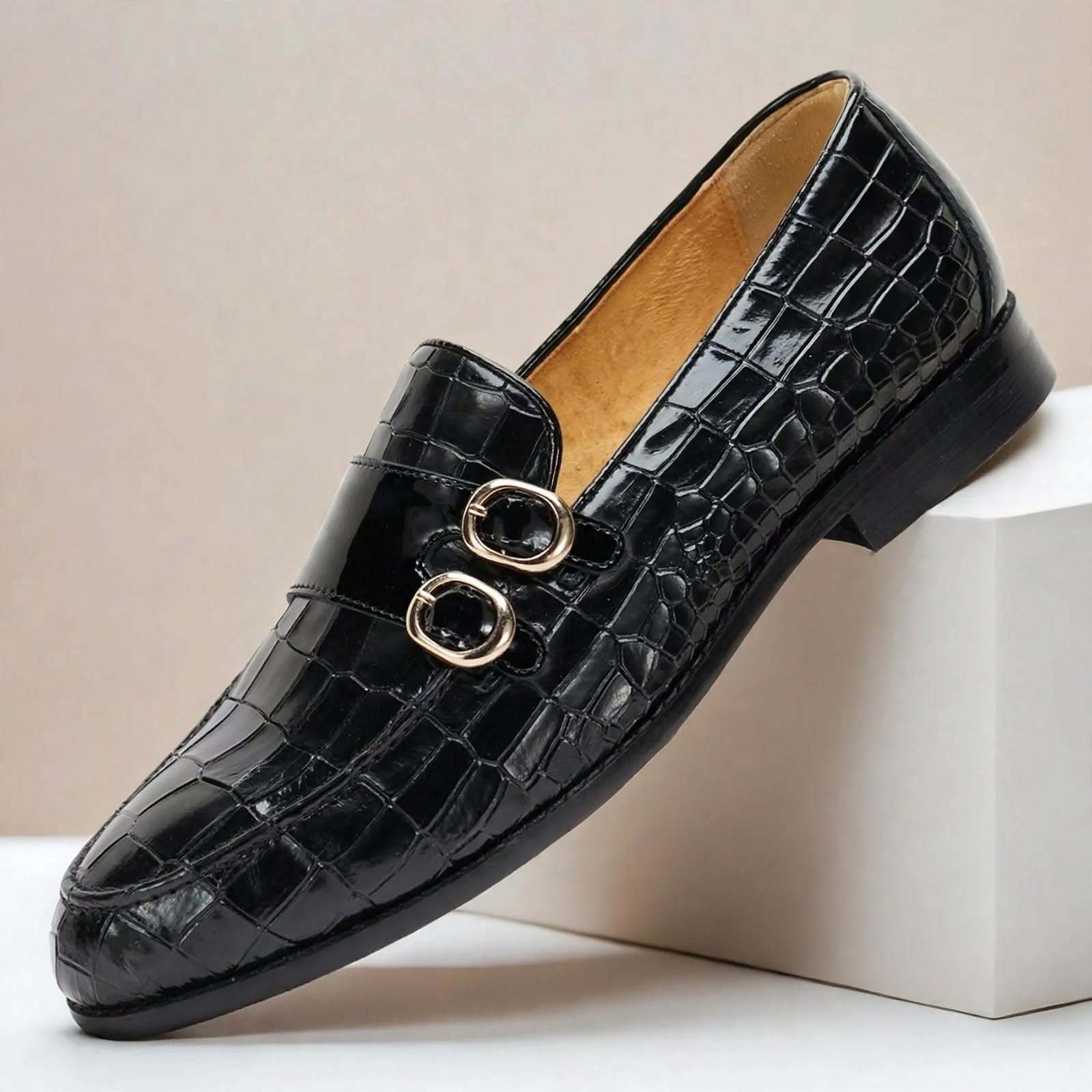 Men’s Double Buckle Embossed Loafers – Elegant Slip-On Dress Shoes, Multiple Colors