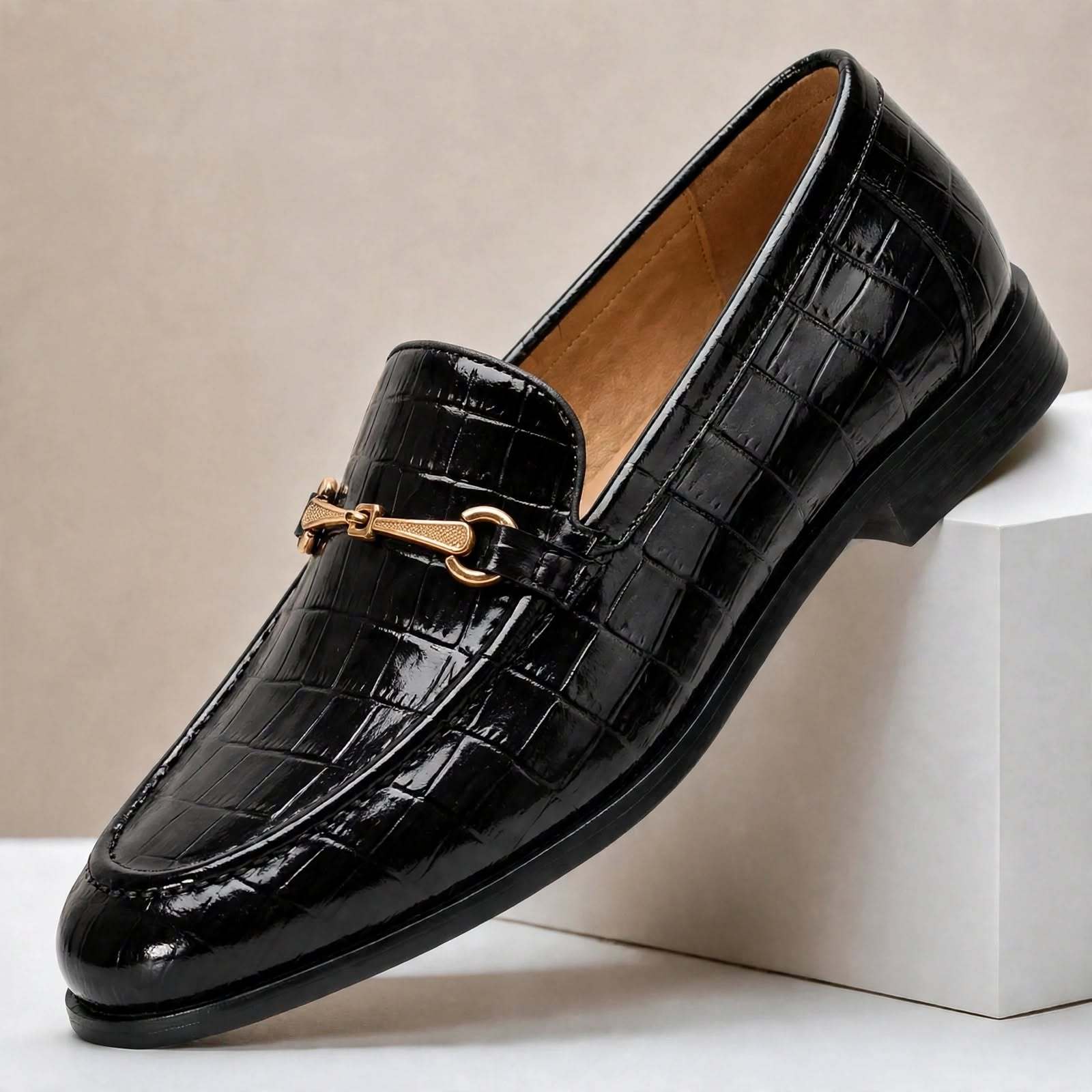 Men’s Luxury Crocodile Embossed Loafers – Gold Buckle Slip-On Dress Shoes
