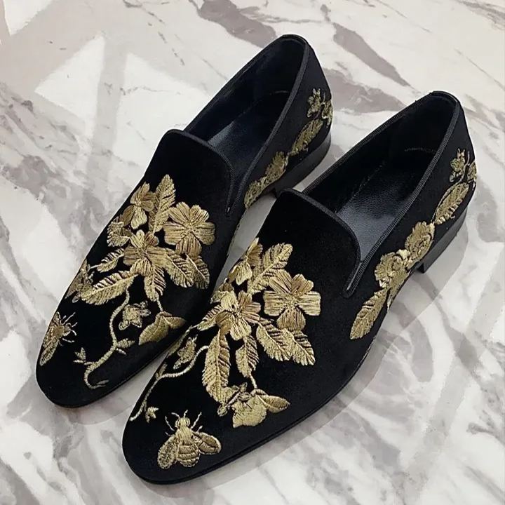 Golden Black Embroidery Men's Luxury Loafers