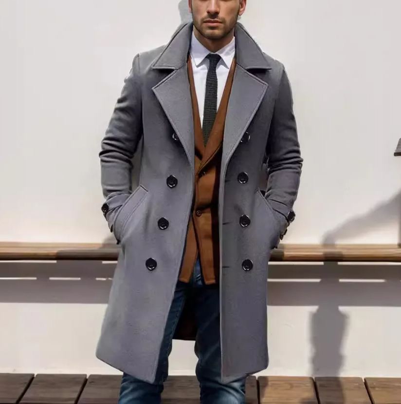 2024 foreign trade autumn and winter high-quality thickened cross-border medium and long double-breasted men's woolen coat slim fit coat European size