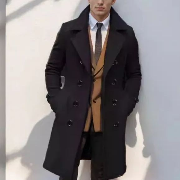 2024 foreign trade autumn and winter high-quality thickened cross-border medium and long double-breasted men's woolen coat slim fit coat European size