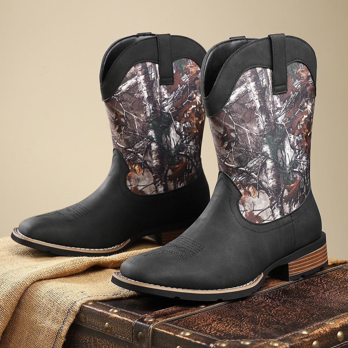 New western style cowboy boots embroidery craft retro high-top men's knight boots trendy all-match casual work boots