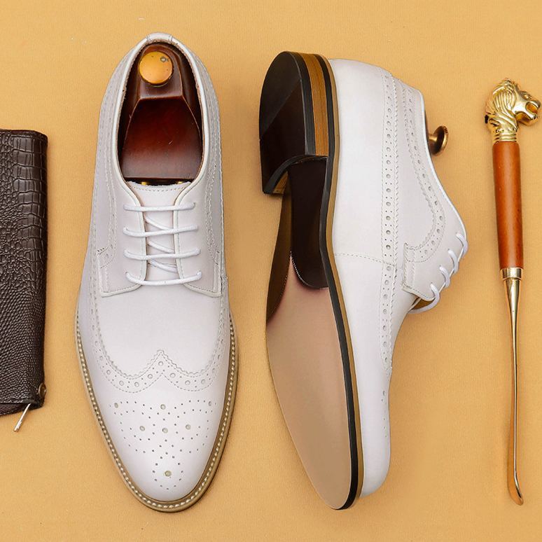 Men's White Leather Brogue Dress Shoes