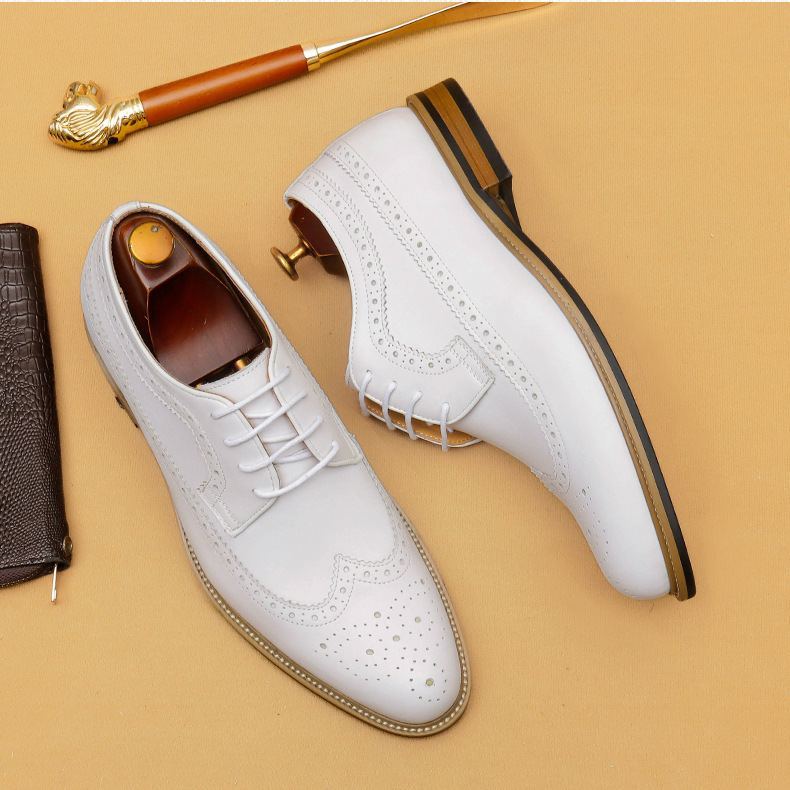 Men's White Leather Brogue Dress Shoes