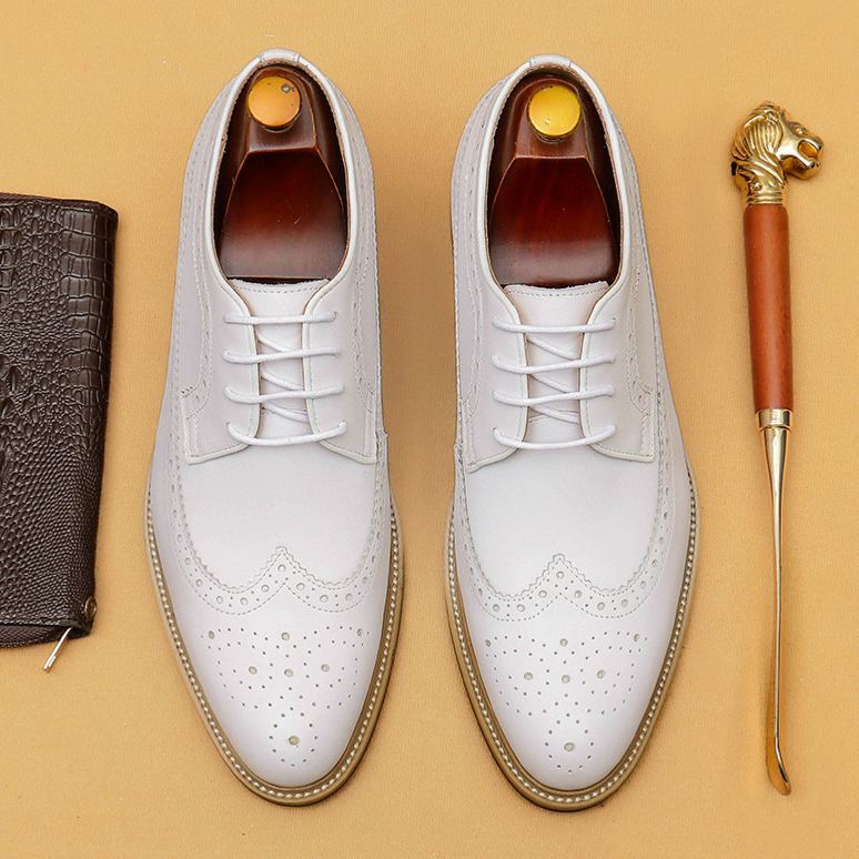 Men's White Leather Brogue Dress Shoes