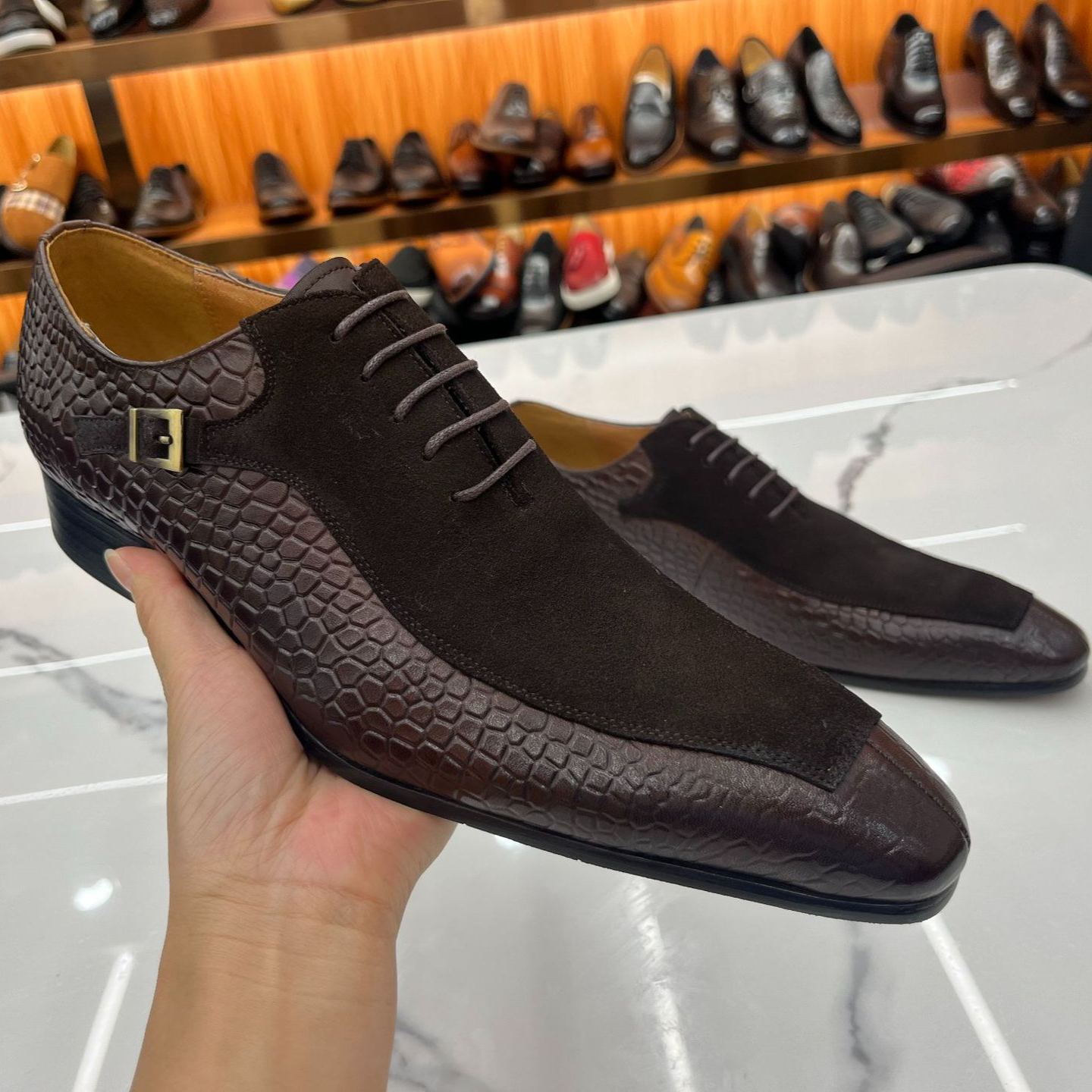 Timeless Luxury: Men's Croc-Embossed Suede Leather Monk Strap Shoes