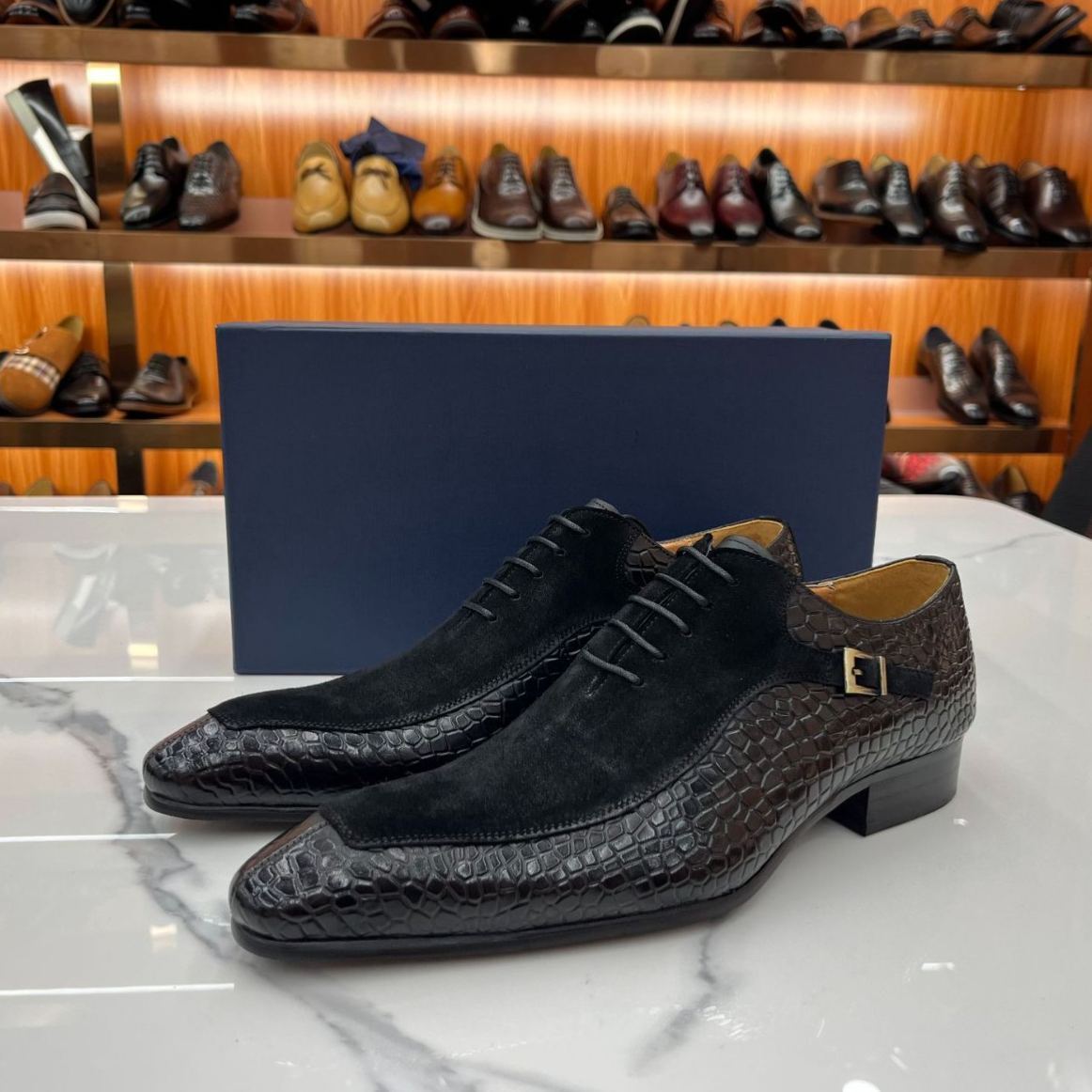 Timeless Luxury: Men's Croc-Embossed Suede Leather Monk Strap Shoes