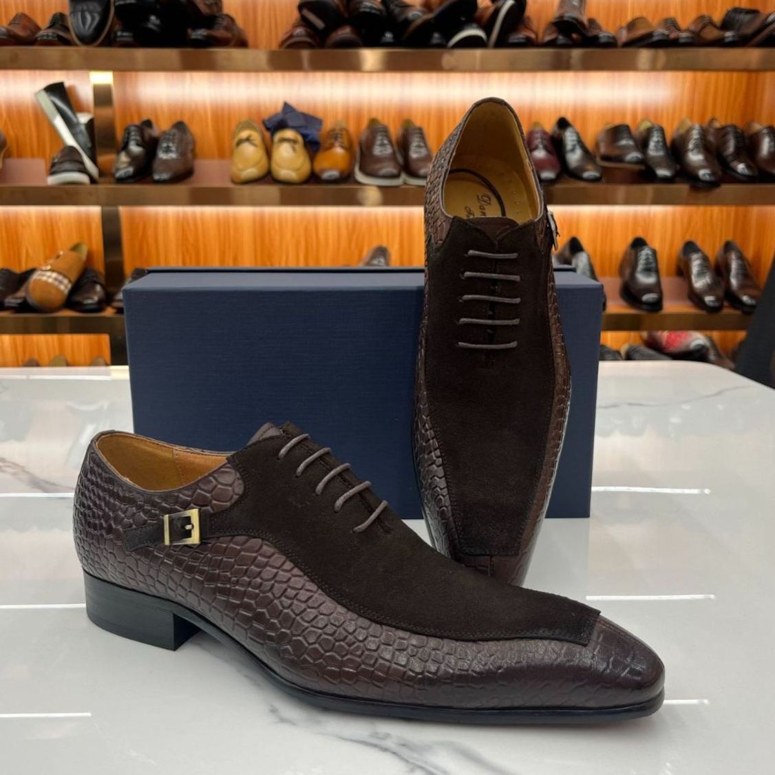 Timeless Luxury: Men's Croc-Embossed Suede Leather Monk Strap Shoes